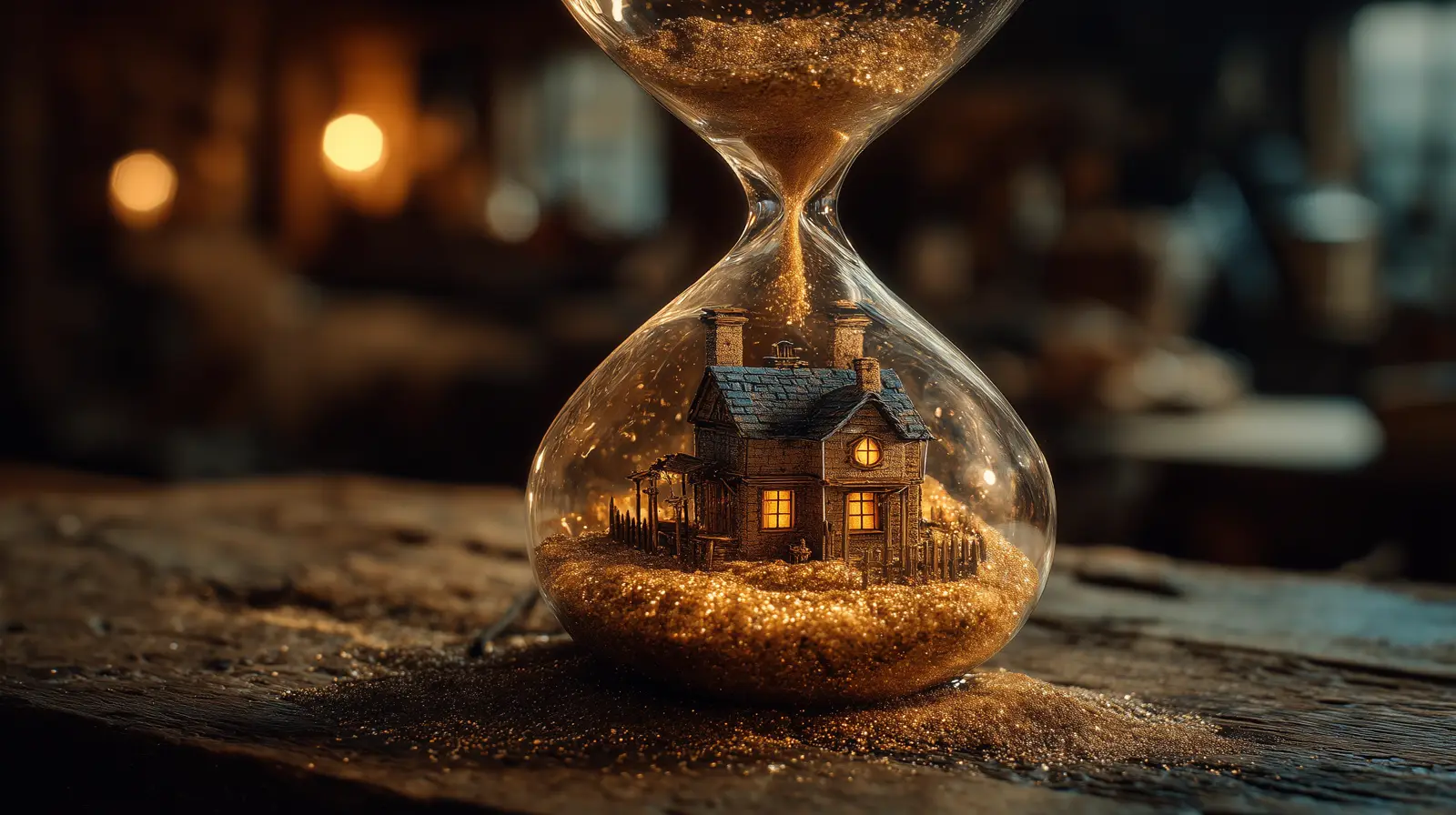 Glass hourglass with miniature house being buried in golden sand