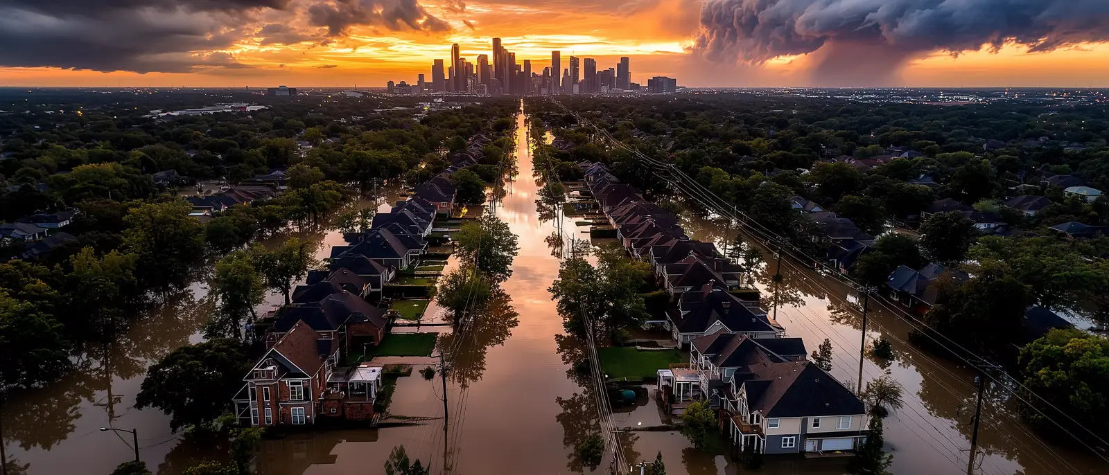 Aerial view of Houston neighborhood with flood risk overlay