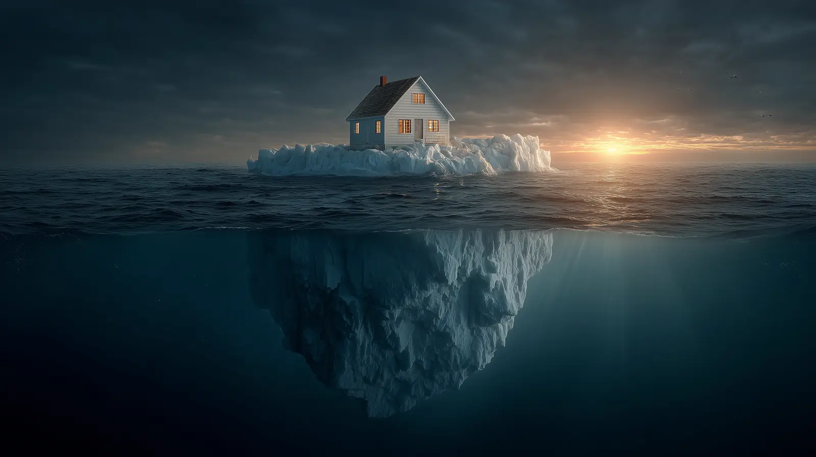 Miniature house on iceberg tip with vast hidden mass below waterline