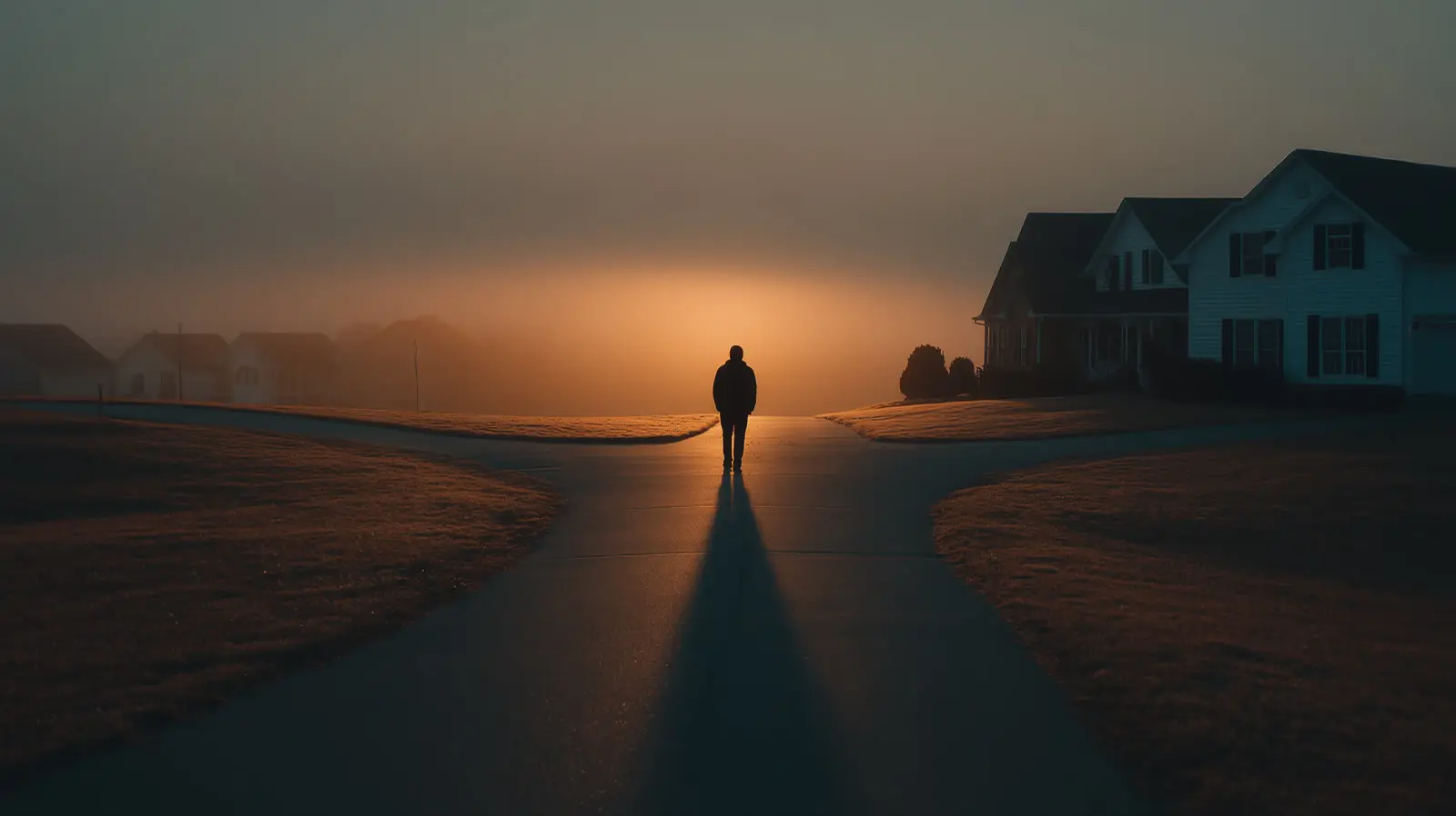 Lone figure at a crossroads at golden hour — buy or wait decision